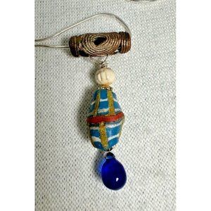 Hand Crafted Boho Pendant Sterling Silver Necklace - Cobalt Blue - 24"